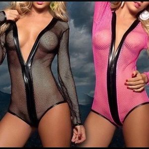 Fishnet Zip Up One Piece Lingerie  3 Colors Avail